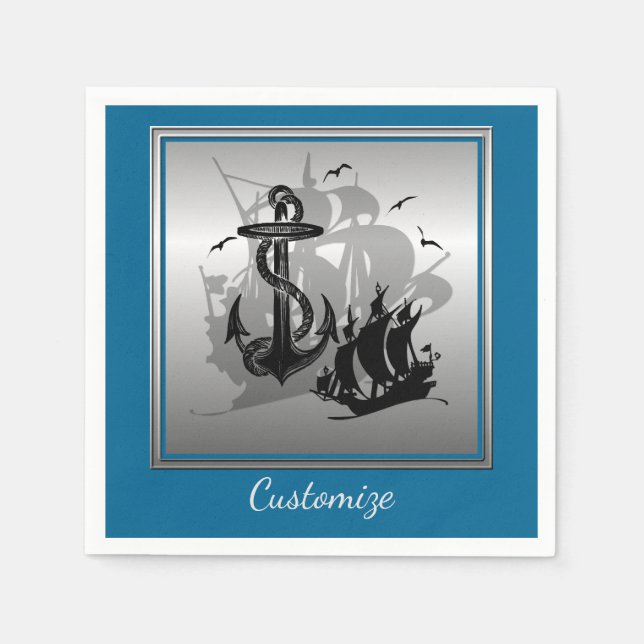 Serviette Jetable Pirate Ship & Ancres Black Silhouette Napkins 4 (Devant)