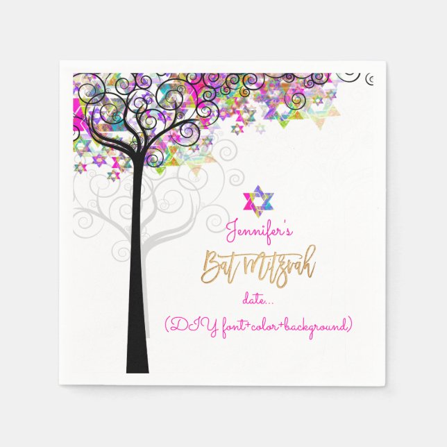 Serviette Jetable PixDezines ARBRE DE VIE/BAT MITZVAH/NEON ROSE (Devant)