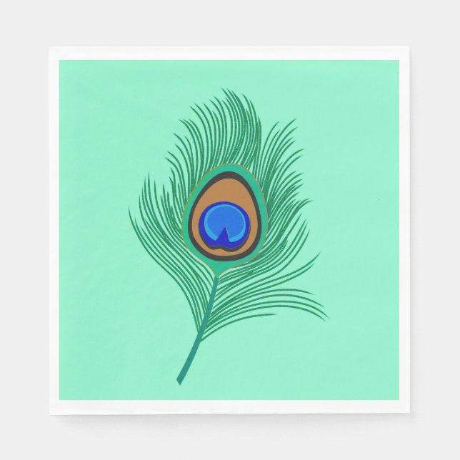 Serviette Jetable Plumes de paon turquoise sur Aqua clair (Devant)