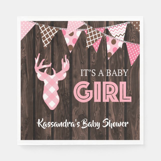 Serviette Jetable Poupée de Baby shower de cerf rose rustique (Devant)