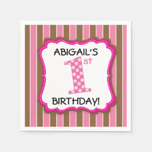 Serviette Jetable Premier anniversaire d'une fille Rose Brun Rayures