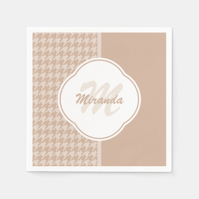 Serviette Jetable Preppy Beige et Tan Houndstooth Monogramme et nom (Devant)