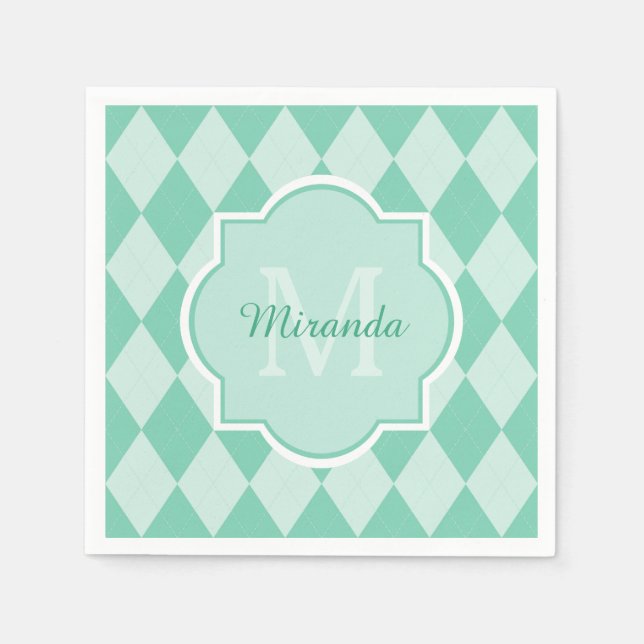 Serviette Jetable Preppy Mint Green Jacquard Girly Monogramme et nom (Devant)