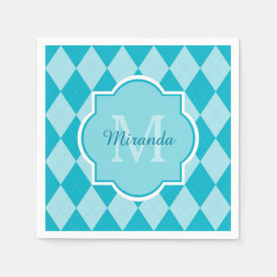 Serviette Jetable Preppy Turquoise Jacquard Girly Monogramme et nom