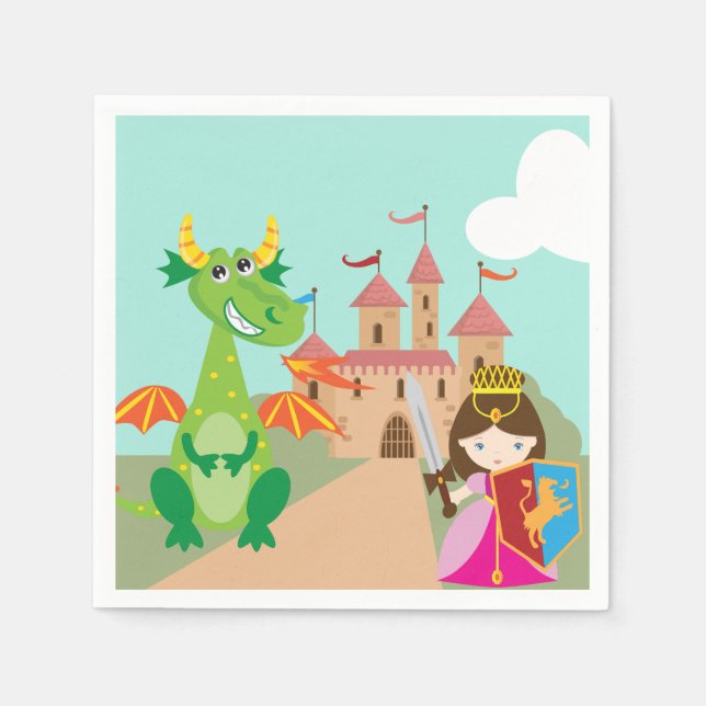 Serviette Jetable Princesse dans le château rose et le dragon souria (Devant)