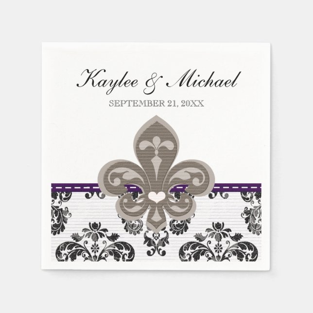 Serviette Jetable Purple et or Fleur de Lis Mariage (Devant)