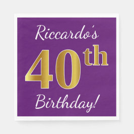 Serviette Jetable Purple, Faux Gold 40e anniversaire + Nom personnal