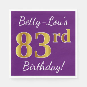 Serviette Jetable Purple, Faux Gold 83ème anniversaire + Nom personn