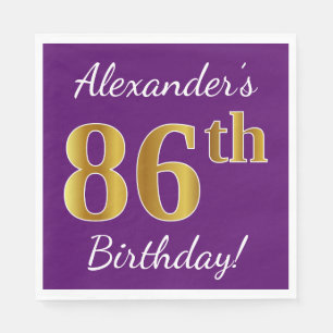 Serviette Jetable Purple, Faux Gold 86e anniversaire + Nom personnal