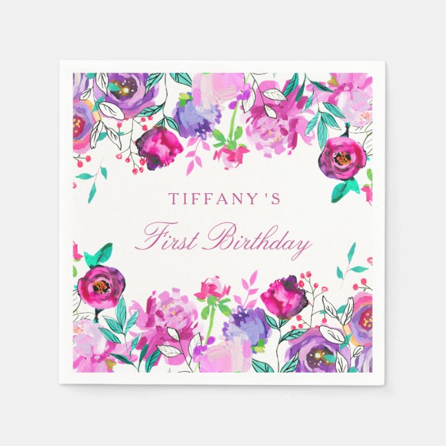 Serviette Jetable Purple rose florale fille 1er anniversaire Napkin (Devant)
