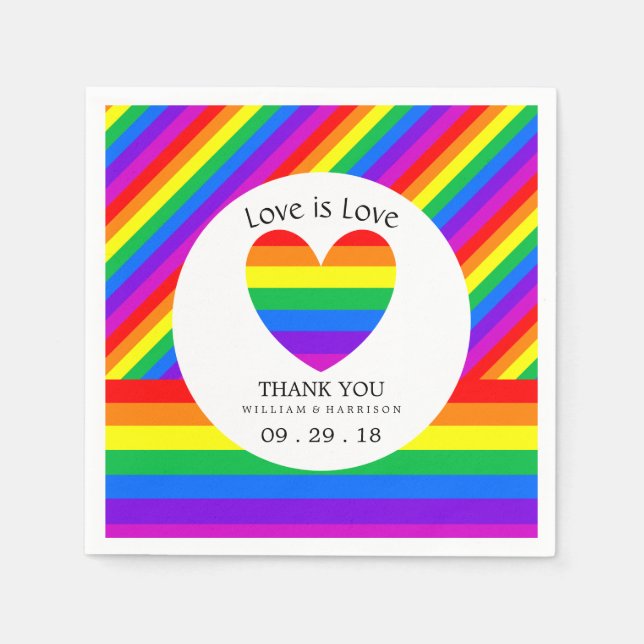 Serviette Jetable Rainbow Heart Love is Love Mariage (Devant)