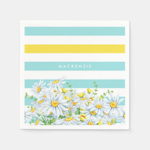 Serviette Jetable Rayures Girly d'Aqua avec les marguerites jaunes