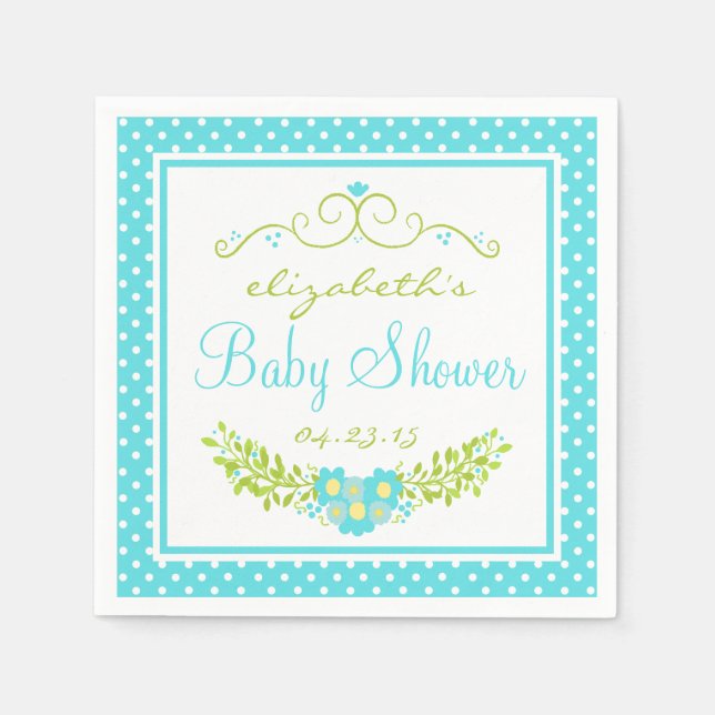 Serviette Jetable Robins Baby shower Bleu Oeuf - Floral (Devant)