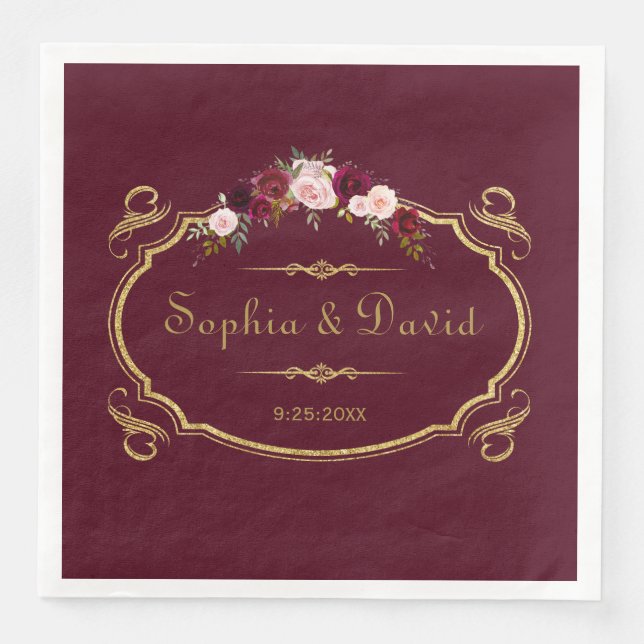 Serviette Jetable Romantique Bourgogne Marsala Floral Mariage de aut (Devant)