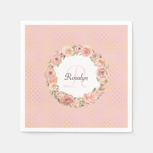 Serviette Jetable Romantique or pointillé Rose Floral Nom monogrammé (Devant)