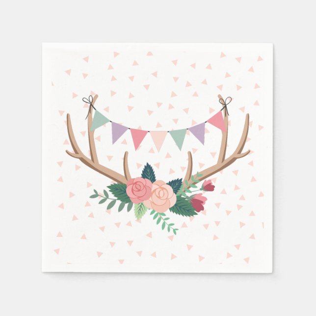 Serviette Jetable Rose Antlers & Party Bunting Girl'Anniversaire (Devant)
