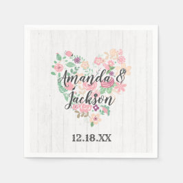 Serviette Jetable Rose floral clair Coeur Mariage moderne Monogramme