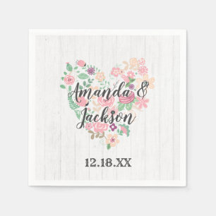Serviette Jetable Rose floral clair Coeur Mariage moderne Monogramme