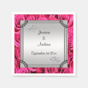 Serviette Jetable Roses roses et anneaux de mariage diamantés