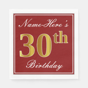 Serviette Jetable Rouge élégant, anniversaire d'or de Faux 30ème 