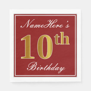 Serviette Jetable Rouge élégant, Faux Gold 10e anniversaire + Nom 