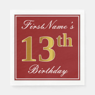 Serviette Jetable Rouge élégant, Faux Gold 13e anniversaire + Nom 
