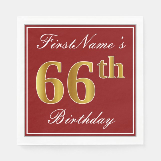 Serviette Jetable Rouge élégant, Faux Gold 66e anniversaire + Nom pe (Devant)