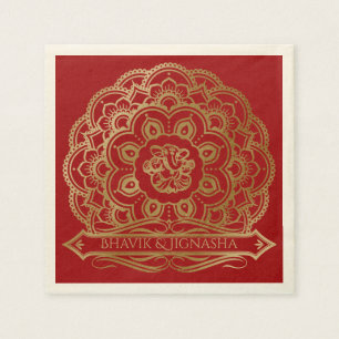 Serviette Jetable Rouge et or Mandala Mariage indien Napkin
