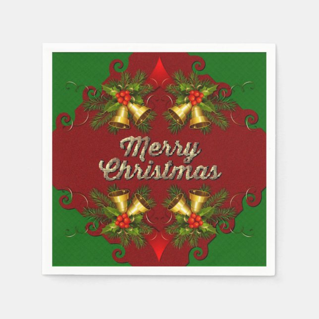 Serviette Jetable Rouge et vert Joyeux Noël cloches Vacances Naples (Devant)