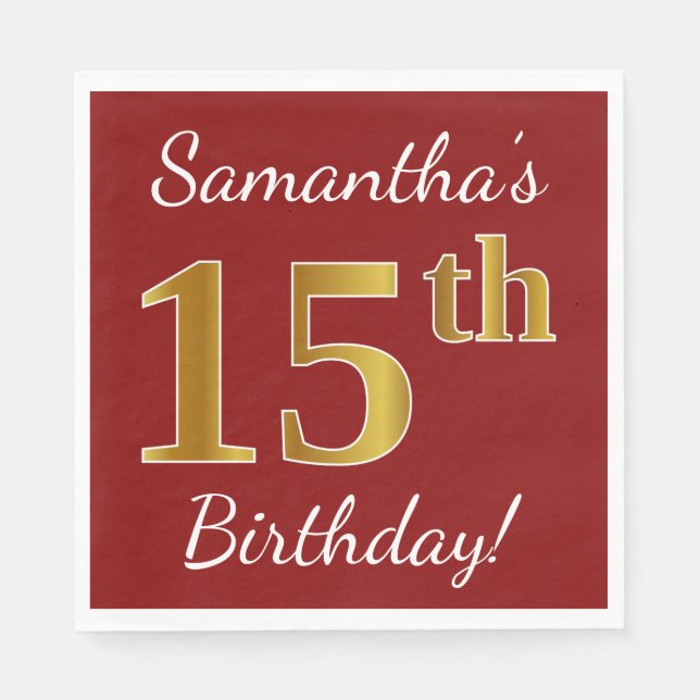 Serviette Jetable Rouge, Faux Gold 15e anniversaire + Nom personnali (Devant)