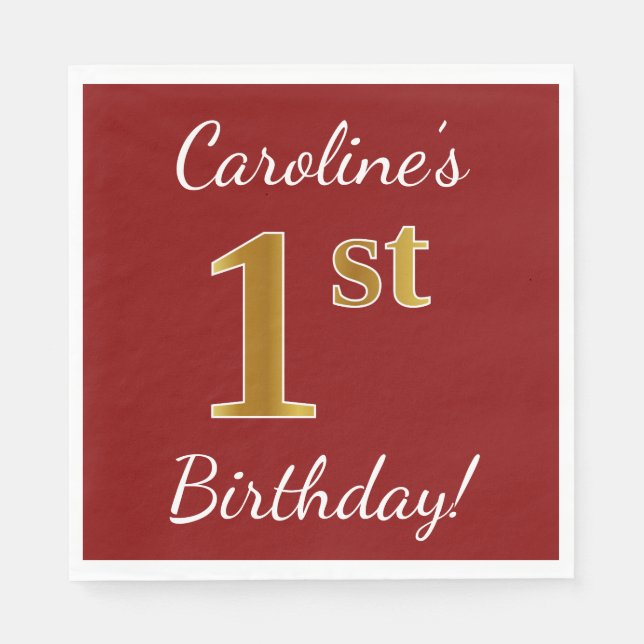 Serviette Jetable Rouge, Faux Gold 1er anniversaire + Nom personnali (Devant)