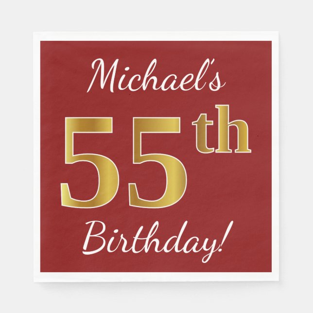 Serviette Jetable Rouge, Faux Gold 55e anniversaire + Nom personnali (Devant)