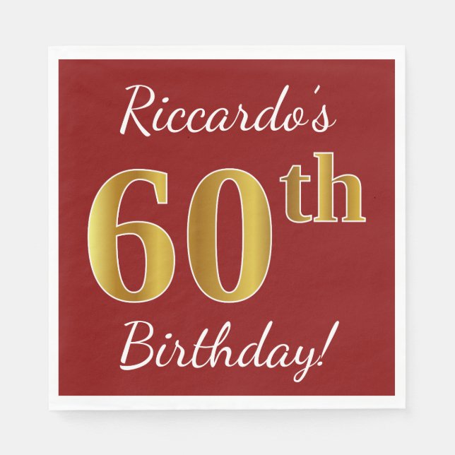 Serviette Jetable Rouge, Faux Gold 60e anniversaire + Nom personnali (Devant)