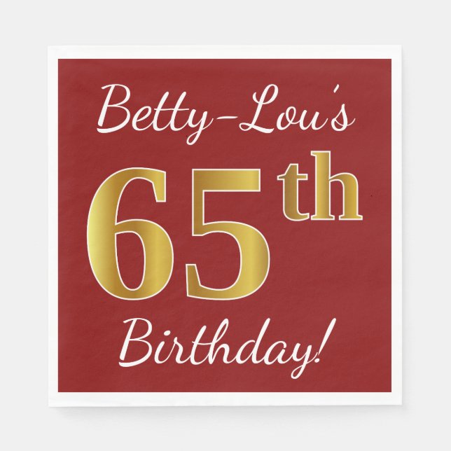 Serviette Jetable Rouge, Faux Gold 65e anniversaire + Nom personnali (Devant)