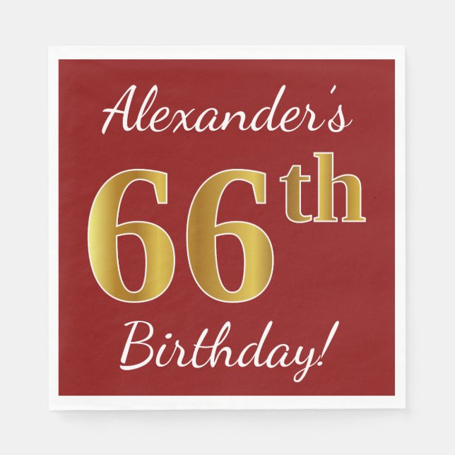 Serviette Jetable Rouge, Faux Gold 66e anniversaire + Nom personnali (Devant)