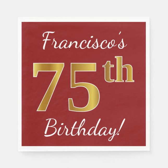 Serviette Jetable Rouge, Faux Gold 75e anniversaire + Nom personnali (Devant)