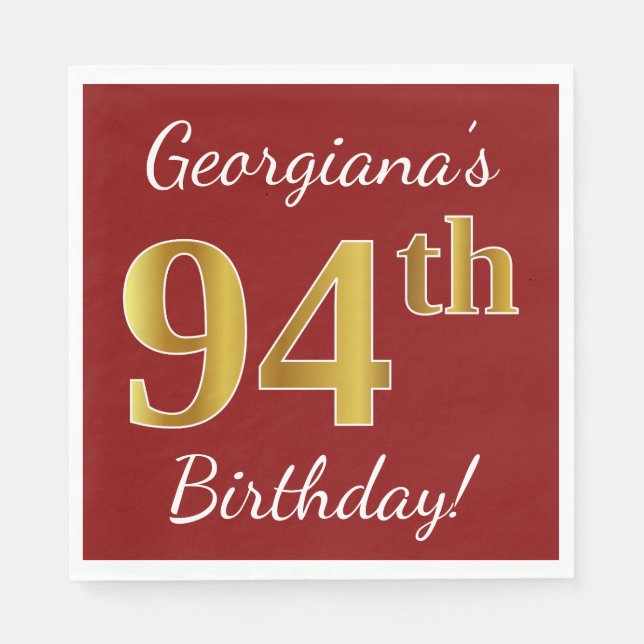 Serviette Jetable Rouge, Faux Gold 94e anniversaire + Nom personnali (Devant)