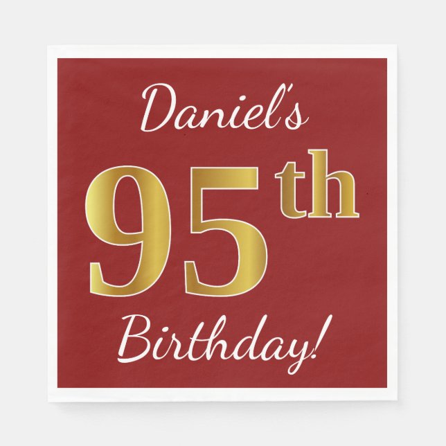 Serviette Jetable Rouge, Faux Gold 95e anniversaire + Nom personnali (Devant)