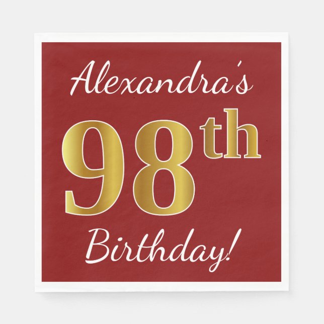 Serviette Jetable Rouge, Faux Gold 98e anniversaire + Nom personnali (Devant)