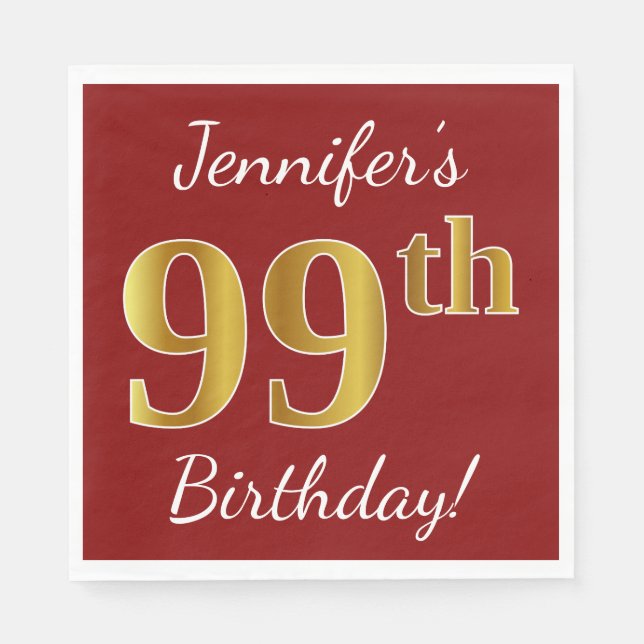 Serviette Jetable Rouge, Faux Gold 99e anniversaire + Nom personnali (Devant)