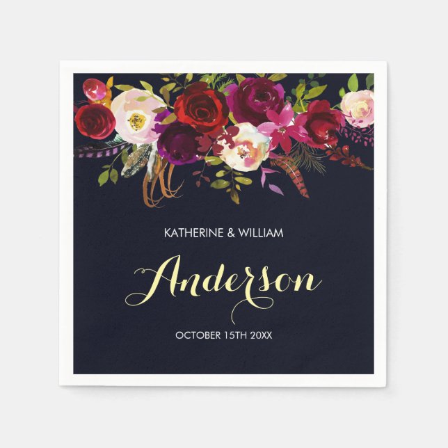 Serviette Jetable Russe Bourgogne Marsala Marine Mariage floral (Devant)