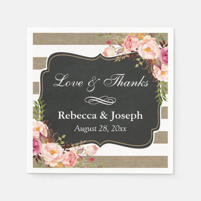 Serviette Jetable Rustique Botanique Floral Burlap Stripes Amour Mer (Devant)