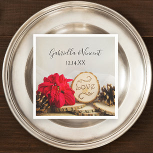 Serviette Jetable Rustique Rouge Poinsettia Bois Mariage d'hiver