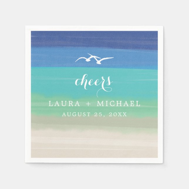 Serviette Jetable Sable, mer et mouettes | MARIAGE (Devant)