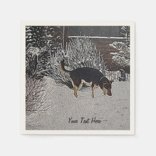 Serviette Jetable Scène de neige d'hiver avec le chien noir et