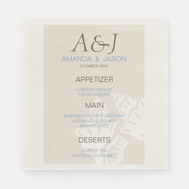 Serviette Jetable Sea Shell Menu Beach Wedding Papier Napkins (Devant)