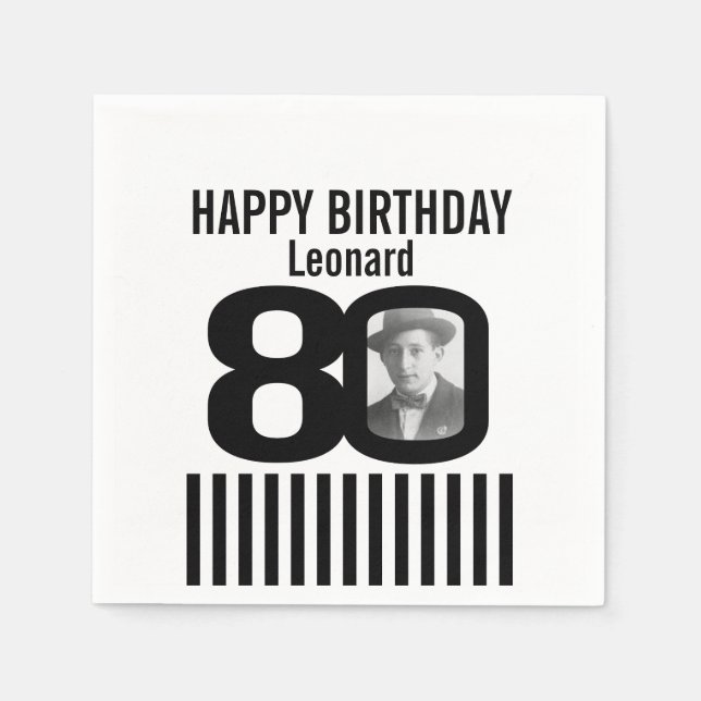 Serviette Jetable Serviettes photo en noir et blanc 80e anniversaire (Devant)