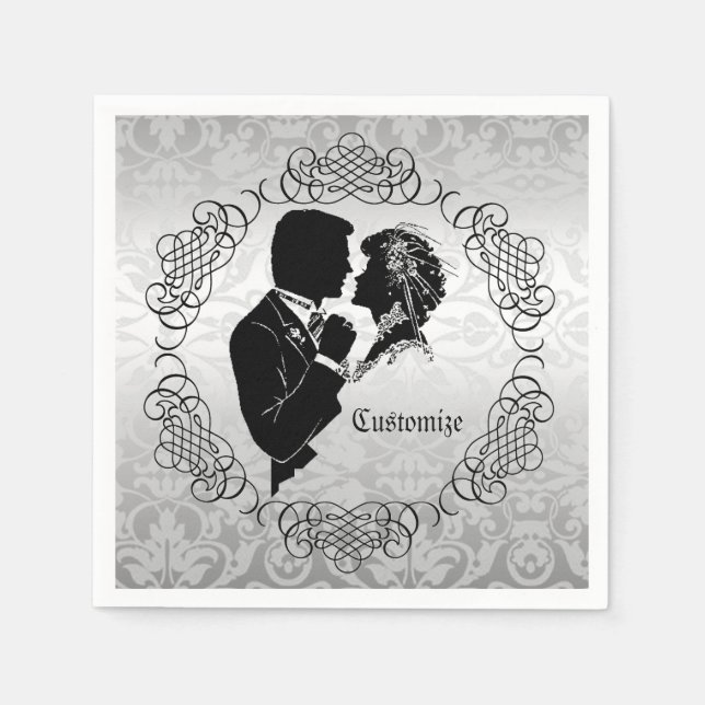 Serviette Jetable Silvery White Bride & Groom Silhouette Napkins (Devant)