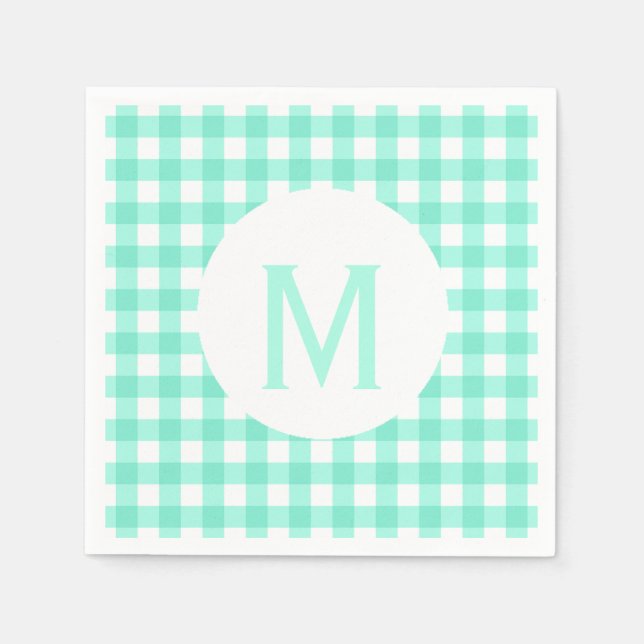 Serviette Jetable Simple Basic Neo Mint Green En vichy Monogramme (Devant)