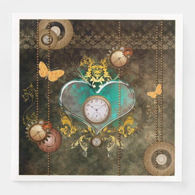 Serviette Jetable Steampunk, coeur merveilleux avec horloges (Devant)
